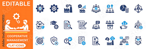 Cooperative management and business partnership flat icons set. Team collaboration, handshake, gear strategy, financial growth, factory, chart