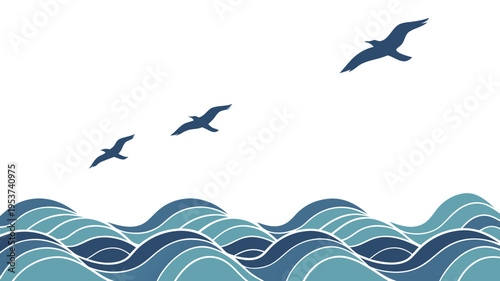 A blue summer ocean illustration featuring a vector pattern of sea waves and flying seagull silhouettes against a sunlit sky with dolphins and fish in the nature-inspired water design