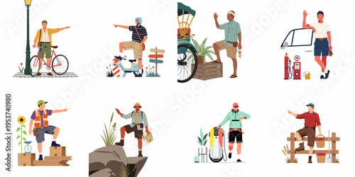 Flat vector collection of diverse men in various activities, including travel, farming, construction, and exploration, set against minimalist backgrounds.
