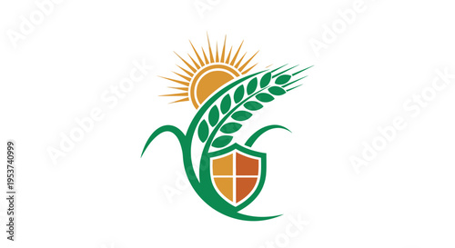 Agricultural Emblem with Wheat, Sun and Shield Symbol