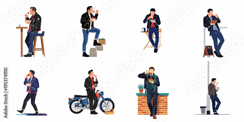 A man in a leather jacket eating in various outdoor settings, presented as a set of flat vector illustrations.