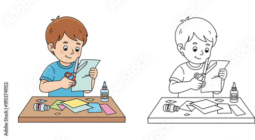 Cute Boy Cutting Paper for Craft Project at Desk, Colored Illustration and Line Art Version for Kids Coloring Book Page, Preschool Creative Art Activity Vector