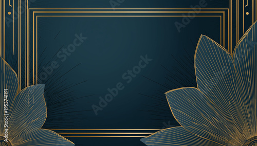 dark blue background with golden thin lines, rectangular border frame design for the lower left corner of an art deco-style poster.