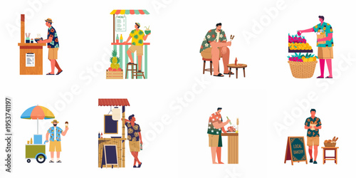 Collection of flat vector illustrations depicting men enjoying various street foods and local market experiences in a tropical vacation setting.