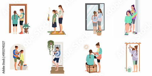 Set of flat vector illustrations of young girls braiding each other's hair in various settings, showcasing sisterhood, friendship, and family bonding activities.