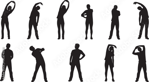 Silhouettes of people in various poses and stretches