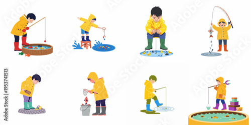 Collection of cute illustrations of a boy in a yellow raincoat and rubber boots playing toy fishing, using rods, nets, and buckets.