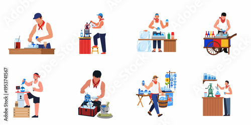 Set of illustrations featuring street food vendors preparing and selling traditional shaved ice and frozen treats using various equipment and carts.