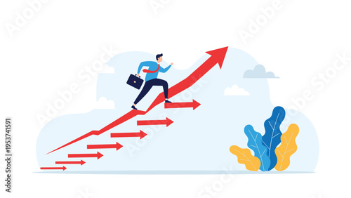 Determined businessman with a briefcase running fast up a red upward growth arrow made of multiple small arrows.