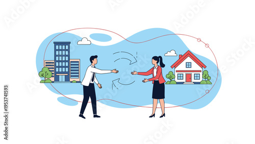 Businessman and businesswoman shake hands in front of home and office icons signifying a successful real estate transaction.