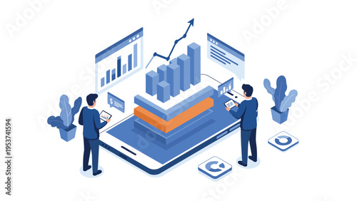 Isometric illustration of coworkers analyzing financial data and growth charts on the screen of a giant modern smartphone.