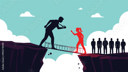 Silhouettes of male and female professionals crossing a bridge over a deep canyon to achieve equality or partnership.