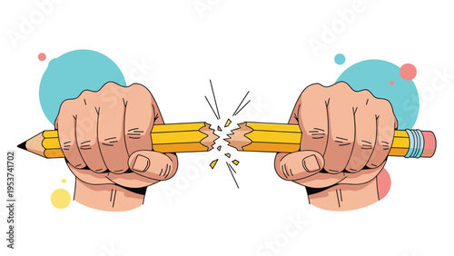 Close up of human hands snapping a yellow pencil in half representing extreme stress, frustration, or office anger.