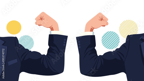 Two muscular arms in dark suit jackets flexing their biceps symbolizing corporate strength and collective power.
