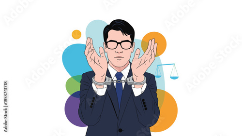 Regretful businessman wearing handcuffs looking upwards with blurred scales of justice in the light background.