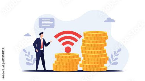 Professional man in a suit standing next to stacks of gold coins with a red wireless wifi signal above them.