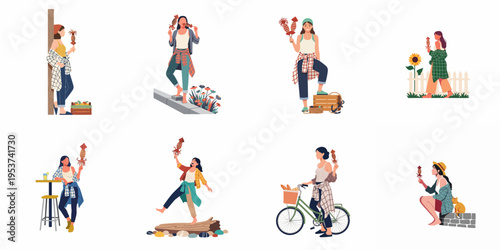 Set of flat vector illustrations featuring young women enjoying grilled squid skewers in various casual outdoor and lifestyle settings.