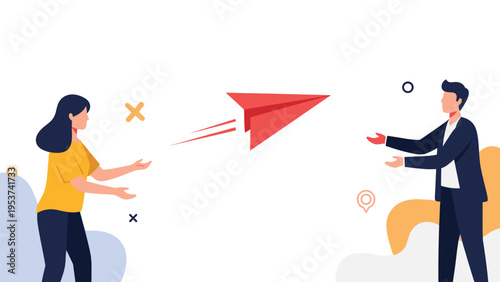 Male and female business partners throwing a red paper airplane to each other signifying a creative idea exchange.