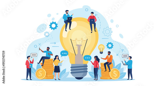 Diverse business team collaborating around a giant glowing lightbulb symbolizing innovation and creative ideas.