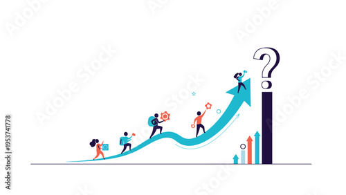 Group of tiny people walking up a long blue upward arrow toward a giant question mark signifying uncertainty.