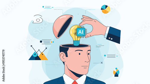 Human head with an open top receiving an artificial intelligence chip into a lightbulb via a giant robotic hand.