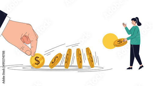 Giant hand starting a domino effect by pushing over a gold coin in a row of falling currency for impact.