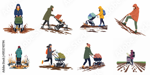 A set of illustrations showing women pushing baby strollers through mud, rain, and difficult outdoor terrains, depicting active parenting and motherhood challenges.