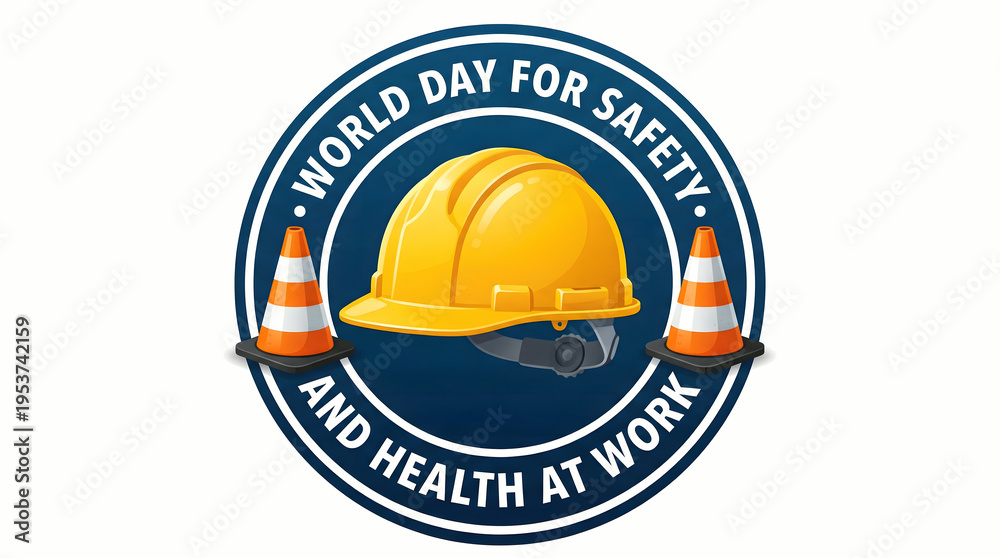 Fototapeta premium Safety Helmet with Traffic Cones World Day for Safety and Health at Work Emblem