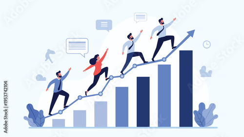 Diverse business team climbing up a rising blue bar chart with an upward trend line for success and growth in a modern corporate environment.