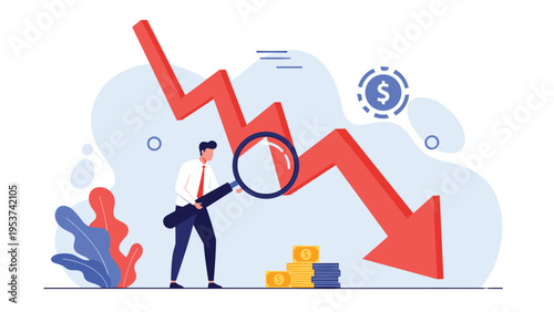 Financial analyst using a magnifying glass to inspect a red downward trending arrow indicating a market decline or loss in business profit.
