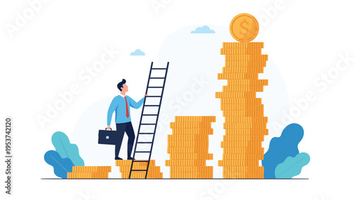 Ambitious businessman standing on a small stack of gold coins while looking up at a much taller stack with a ladder for reaching a goal.