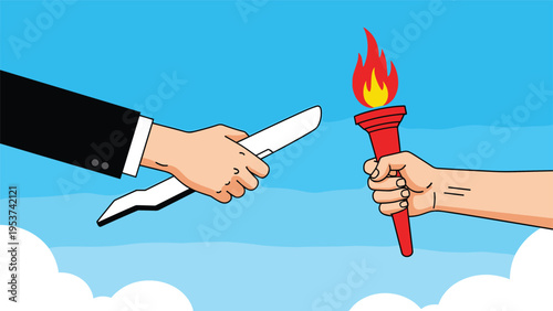 Close up of hands passing a baton and a torch representing leadership transition and continuity in a blue sky with white clouds background.