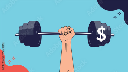 Strong arm lifting a heavy barbell with dollar signs on weights representing financial power and economic strength in a modern business way.