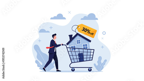 Home buyer pushing a shopping cart with a blue house inside featuring a yellow thirty percent off discount tag for a real estate sale deal.