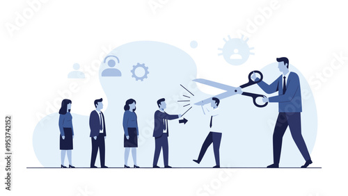 Conceptual image of a giant hand with scissors cutting a line of employees representing job cuts and layoffs during an economic crisis.