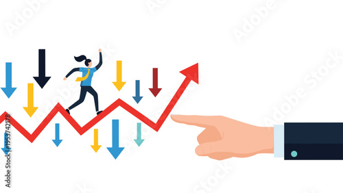 Ambitious businesswoman running up a rising red graph arrow while avoiding multiple falling colored arrows around her in a market contest.