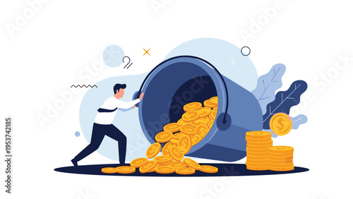 Businessman emptying a large blue bucket of gold coins onto the ground to show wealth or spending in a minimal professional environment.
