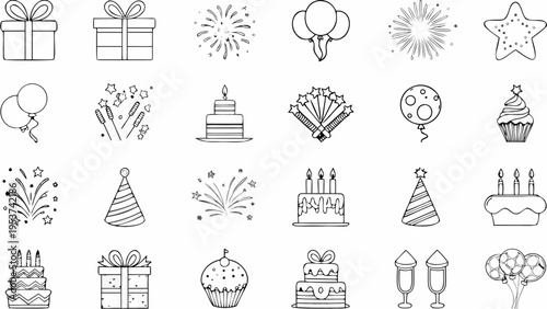Black and white holiday icons set including birthday symbols and party decorations on transparent background