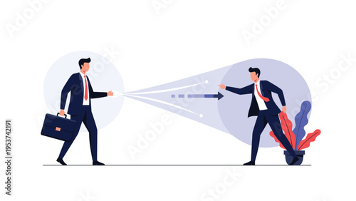 Two business professionals in conflict pointing at each other while energy beams collide between them in mid air in a minimal office style.