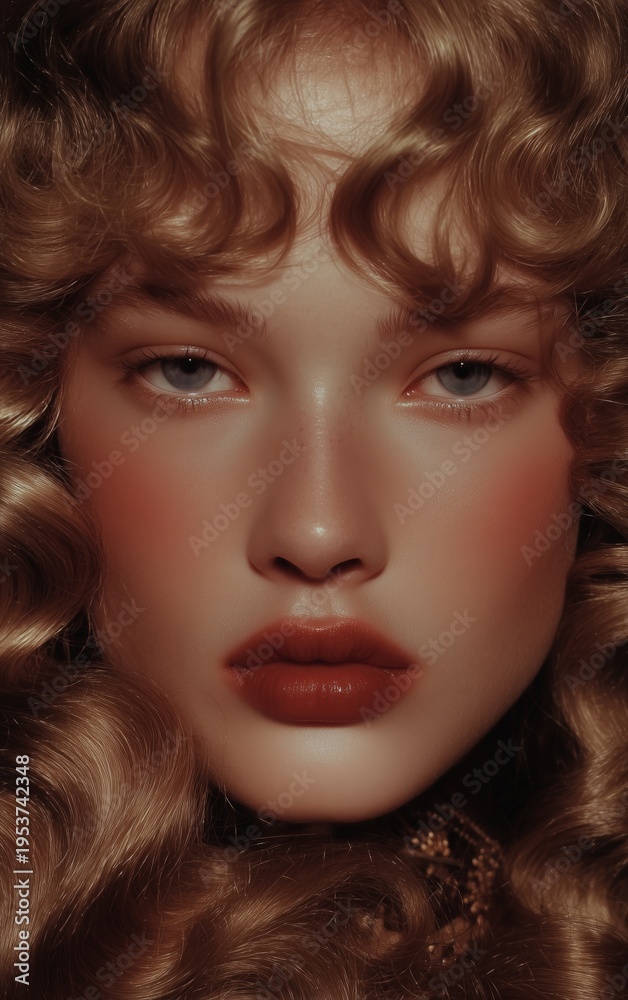 Fototapeta premium Close-up of a woman's face with striking makeup and golden curly hair, showcasing beauty and elegance in a studio setting.