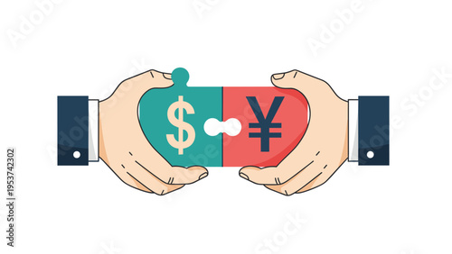 Two hands of business professionals joining puzzle pieces with dollar and yen signs for an international partnership and global exchange.
