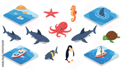 Large set of isometric marine life icons including sharks octopus penguin turtle starfish and boats in water for a sea themed design project.