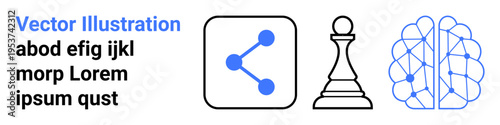 Technology, decision strategies, artificial intelligence, neural systems, connectivity, data sharing. Icons of share symbol, chess piece and brain neural network. Connectivity and decision