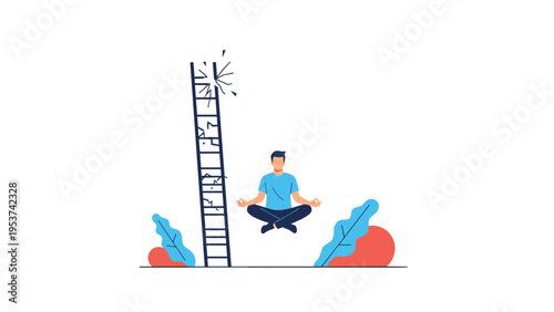 Calm businessman meditating in a lotus position in front of a tall broken ladder for stress management and balance in a work environment.