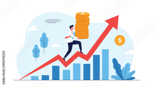 Ambitious businessman carrying a high stack of gold coins while running up a rising red bar chart arrow for profit and business success goal.