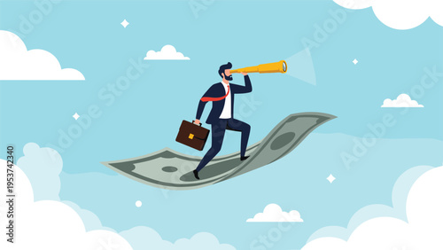 Successful businessman flies through the sky on a giant dollar bill while searching for new opportunities with a telescope.