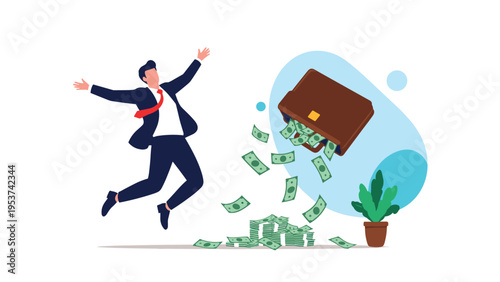 Businessman jumps for joy as green money bills spill out of his brown leather briefcase against a minimalist background.