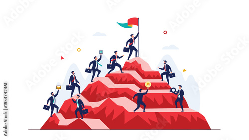Business team in professional suits climbs a steep red rocky mountain to reach a victory flag at the very highest peak.