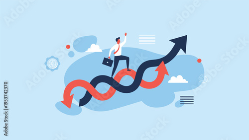 Confident entrepreneur in a suit walks along a twisting black and red arrow pointing upwards representing corporate growth.