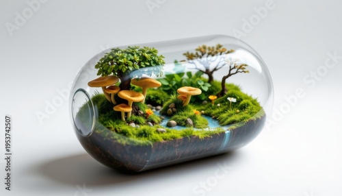 high resolution isolated miniature desktop nature world featuring a fungal forest inside a pocket sized capsule, with delicate lighting gradients, tiny flowing water streams